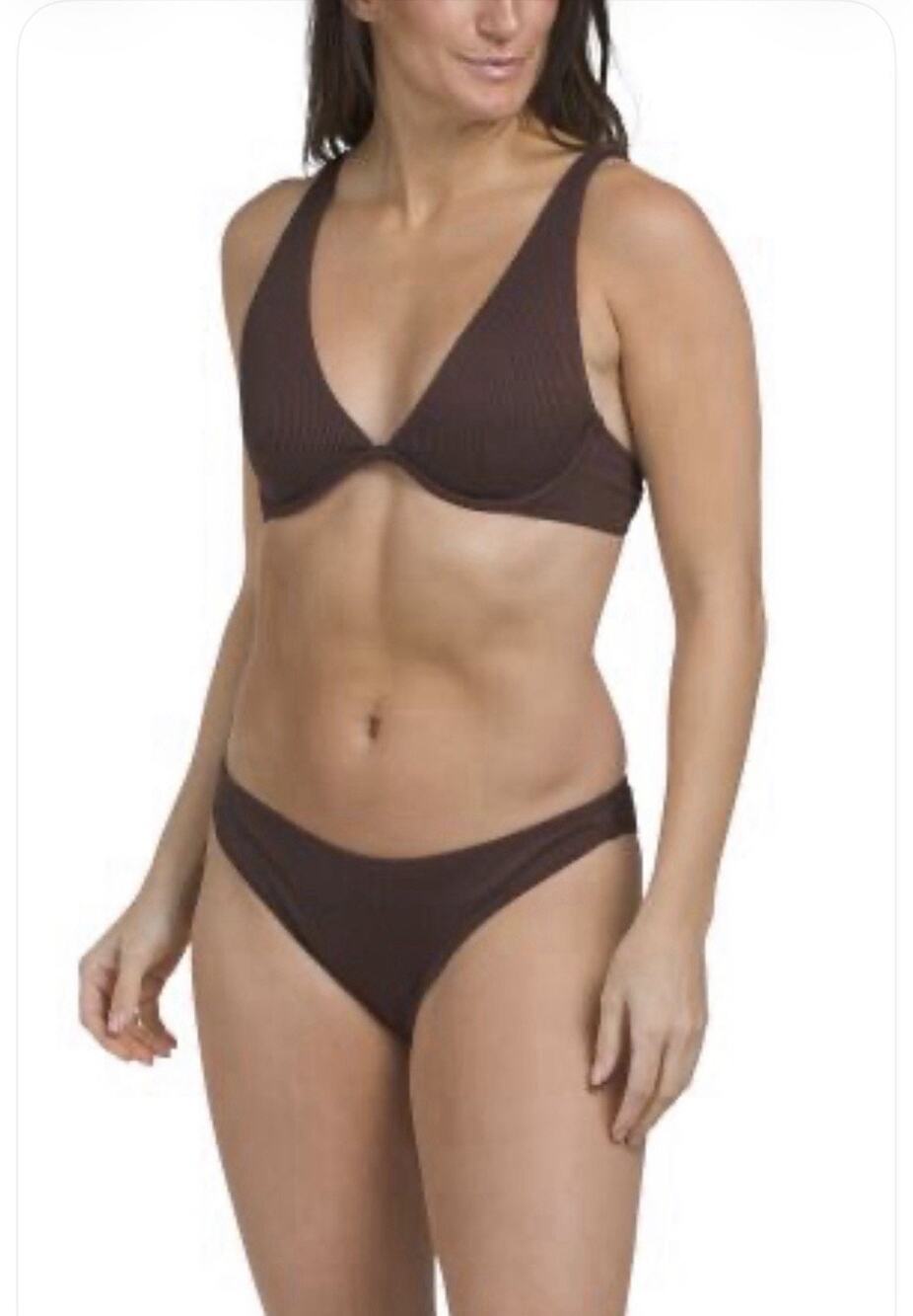 NWT Cabana del Sol Brown Deep Plunge Boho Indie Ribbed Bikini Set Sz XS